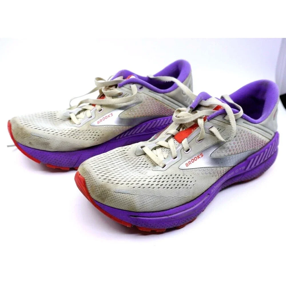 Brooks Shoes Adrenaline GTS 22 Womens Size 10 Running Comfy Grey White Purple